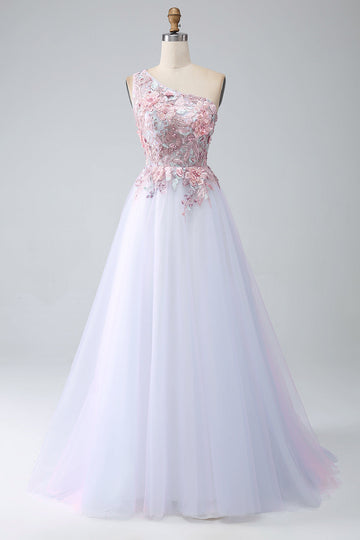 A-Line One Shoulder Pink Formal Dress with Appliques